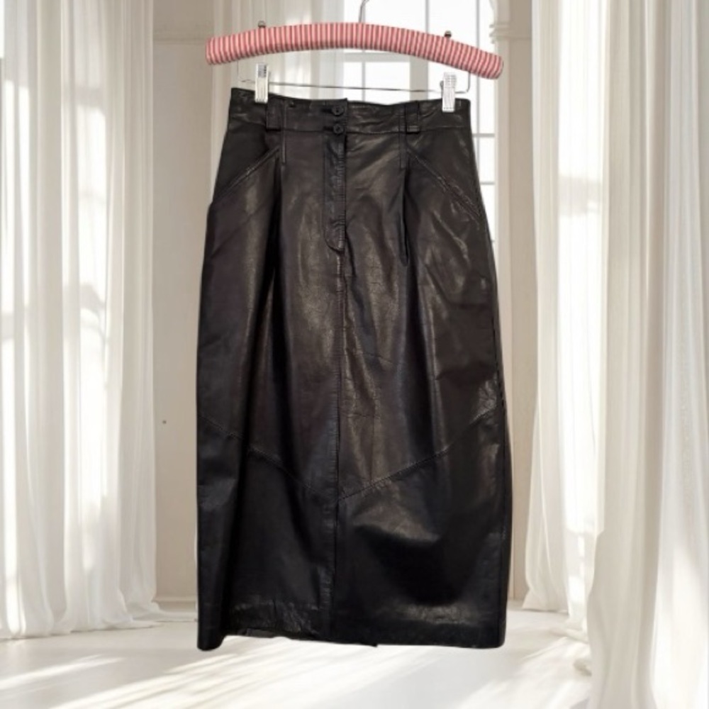 Women's Black Genuine Leather Midi Skirt
